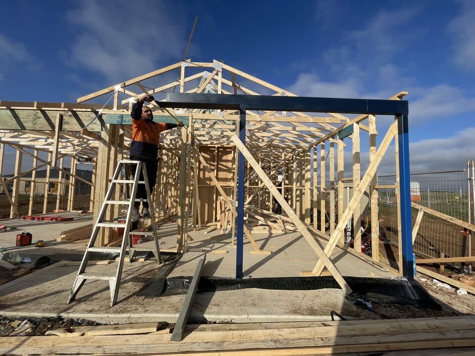 Timber wall frames and roof trusses going up at Lucania Crescent, with a steel beam over the garage opening and a carpenter on a ladder